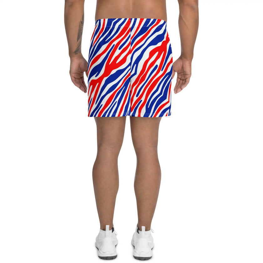 Back view of Buffalo fan workout shorts showcasing the distinctive signature stripe pattern in vibrant red white and blue with a sporty comfortable design.