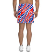 Back view of Buffalo fan workout shorts showcasing the distinctive signature stripe pattern in vibrant red white and blue with a sporty comfortable design.