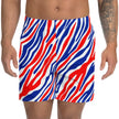 Close-up of original Buffalo football stripe athletic shorts highlighting the bold red white and blue pattern and detailed signature design