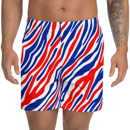 Close-up of original Buffalo football stripe athletic shorts highlighting the bold red white and blue pattern and detailed signature design