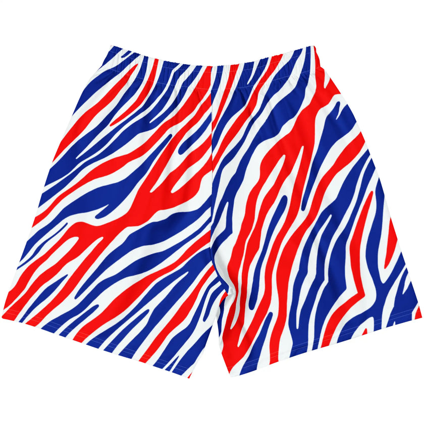 Flat lay back view of signature Buffalo striped workout shorts showcasing the unique red white and blue football-inspired pattern and sporty athletic design.