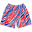 Flat lay front of Buffalo football athletic shorts featuring the original signature red white and blue Buffalo stripe pattern, bold activewear designed to stand out.