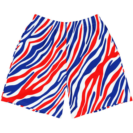 Flat lay front of Buffalo football athletic shorts featuring the original signature red white and blue Buffalo stripe pattern, bold activewear designed to stand out.