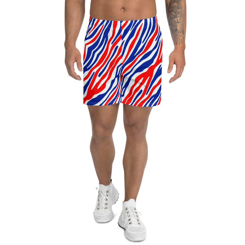 Buffalo football athletic shorts featuring the signature original red white and blue stripe pattern, versatile activewear for the gym, sports, summer days, and casual wear.