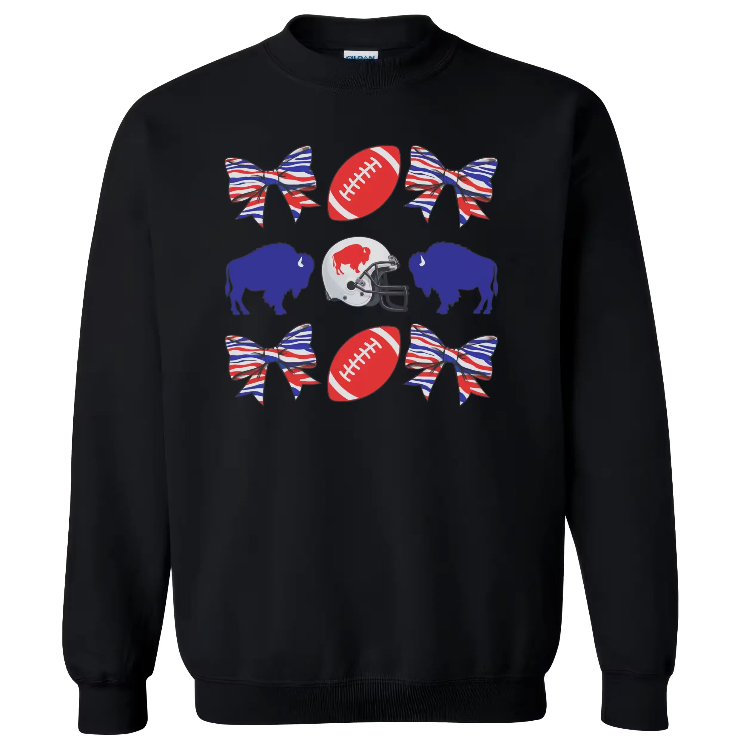 Black Buffalo football coquette sweatshirt flat lay featuring grid of buffaloes, striped bows, and red footballs