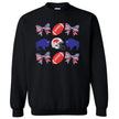 Black Buffalo football coquette sweatshirt flat lay featuring grid of buffaloes, striped bows, and red footballs