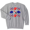 Gray women’s Buffalo football coquette sweatshirt flat lay showcasing cute buffalo, bow, and football pattern