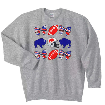 Gray women’s Buffalo football coquette sweatshirt flat lay showcasing cute buffalo, bow, and football pattern