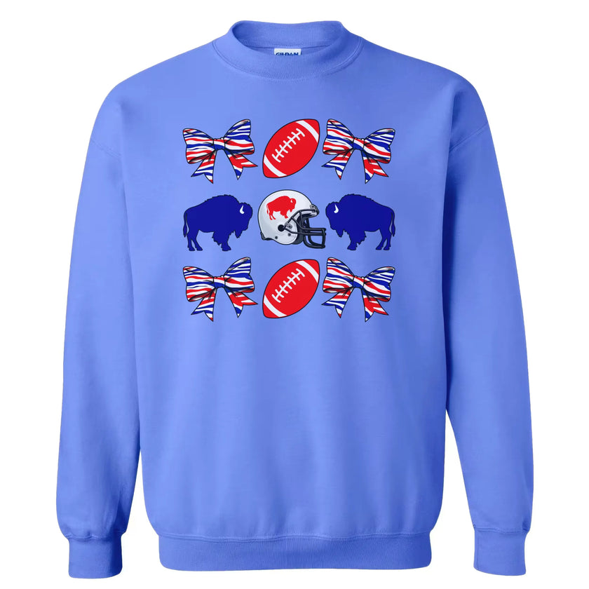 Gray women’s Buffalo football coquette sweatshirt flat lay showcasing cute buffalo, bow, and football pattern