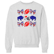 Light gray Buffalo football coquette sweatshirt flat lay featuring fun red footballs, blue buffaloes, and striped bows