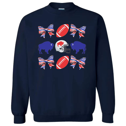 Navy women’s Buffalo football coquette sweatshirt flat lay highlighting playful bows, buffaloes, and football details