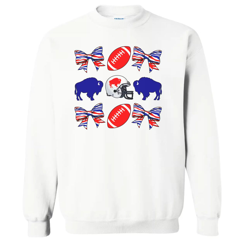 White Buffalo football coquette sweatshirt flat lay with playful buffaloes, bows, and footballs design