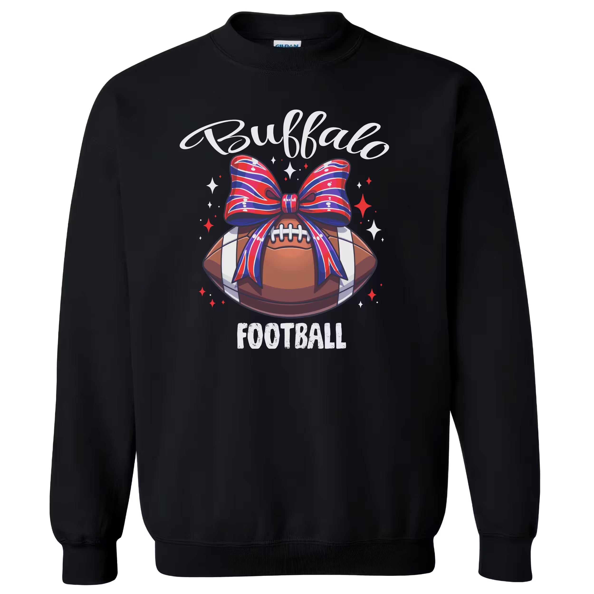Buffalo football coquette sweatshirt with bold lettering and football tied with red, white, and blue striped bow, black sweatshirt flat lay on white background.