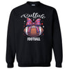 Buffalo football coquette sweatshirt with bold lettering and football tied with red, white, and blue striped bow, black sweatshirt flat lay on white background.