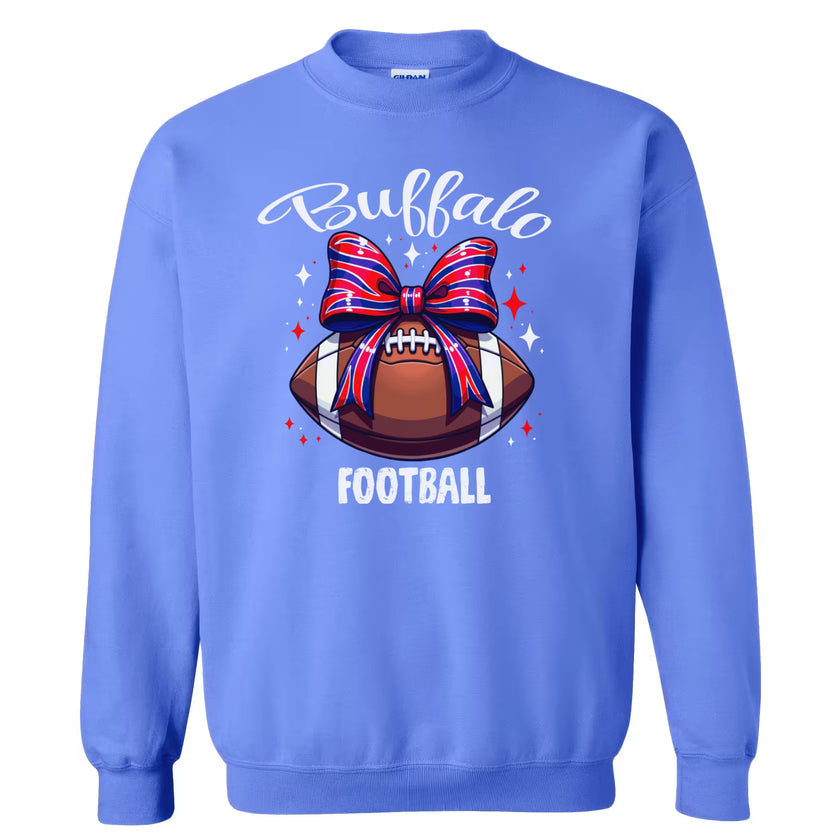 Light blue Buffalo football sweatshirt featuring football and striped bow graphic, flat lay on white background.