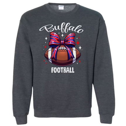Heather gray Buffalo football sweatshirt featuring bold lettering and coquette football bow graphic, flat lay on white background.