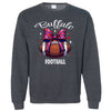 Heather gray Buffalo football sweatshirt featuring bold lettering and coquette football bow graphic, flat lay on white background.