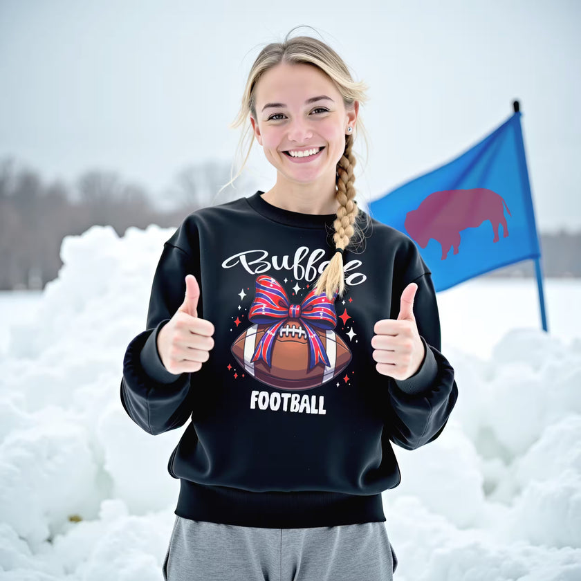 Woman wearing black Buffalo football sweatshirt with coquette bow football graphic, styled outdoors in snowy winter setting.