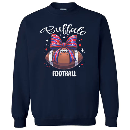 Navy Buffalo football sweatshirt featuring football graphic with striped coquette bow detail, flat lay on white background.