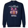 Navy Buffalo football sweatshirt featuring football graphic with striped coquette bow detail, flat lay on white background.