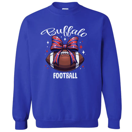 Royal blue Buffalo football sweatshirt with football wrapped in striped bow design, flat lay on white background.