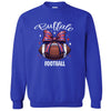Royal blue Buffalo football sweatshirt with football wrapped in striped bow design, flat lay on white background.