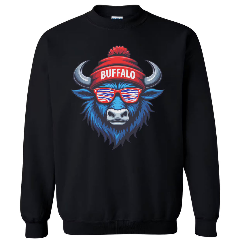 Black buffalo mascot sweatshirt flat lay highlighting bold graphic design and street-style buffalo pride