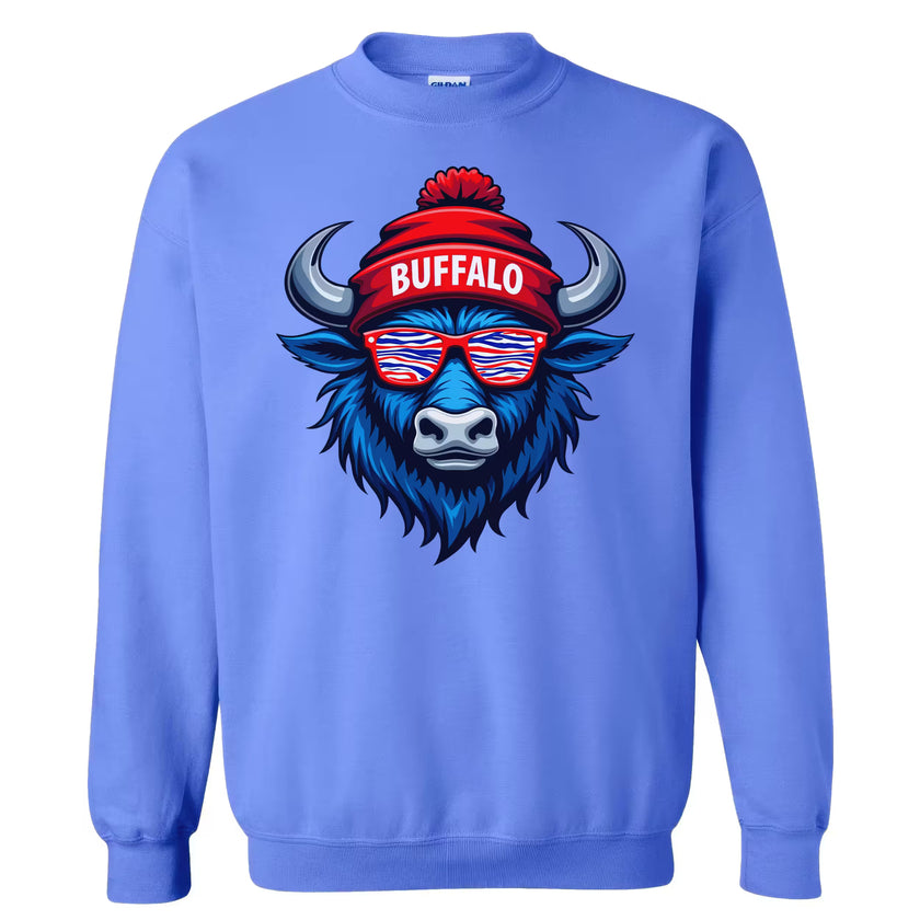 blue buffalo sweatshirt flat lay with vibrant mascot design and casual fanwear look