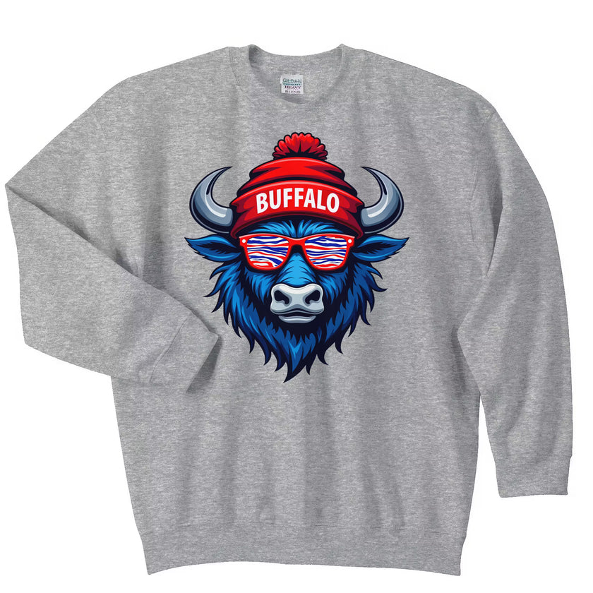 Gray buffalo mascot sweatshirt flat lay featuring bold sunglasses graphic and modern buffalo vibe