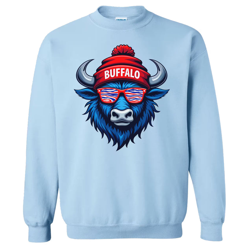 Light blue buffalo mascot sweatshirt flat lay showing fun city-inspired graphic and relaxed style