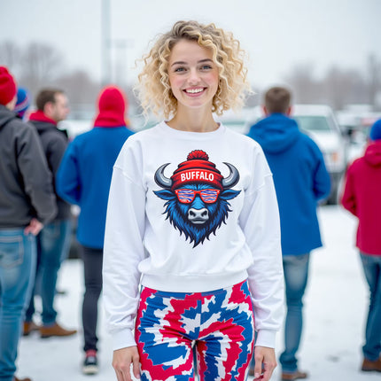Female model wearing white buffalo mascot sweatshirt standing outside in the snow, cozy winter city style
