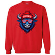 Red sweatshirt with a blue buffalo wearing sunglasses and a red beanie with 'Buffalo' text on a white background.