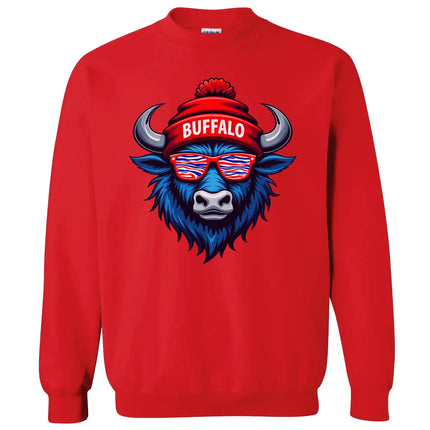 Red sweatshirt with a blue buffalo wearing sunglasses and a red beanie with 'Buffalo' text on a white background.