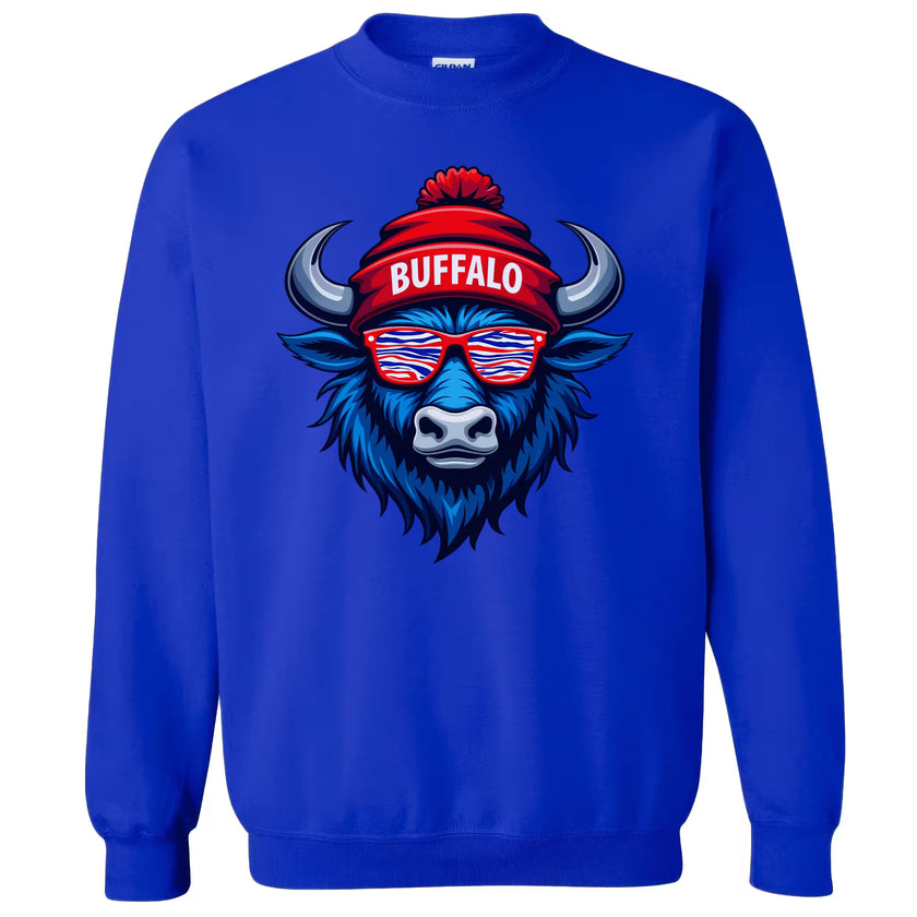 Royal blue buffalo sweatshirt flat lay with playful mascot wearing sunglasses and winter hat