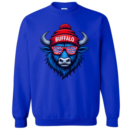 Royal blue buffalo sweatshirt flat lay with playful mascot wearing sunglasses and winter hat