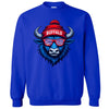Royal blue buffalo sweatshirt flat lay with playful mascot wearing sunglasses and winter hat
