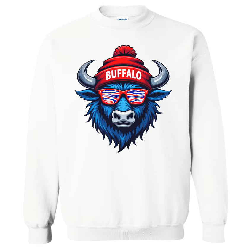 White buffalo mascot sweatshirt flat lay with cool sunglasses graphic and red winter hat detail