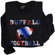 Buffalo football sweatshirt in black, bold buffalo silhouette and lettering in red white blue gradient team colors, cozy fan crewneck.