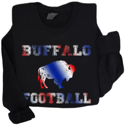 Buffalo football sweatshirt in black, bold buffalo silhouette and lettering in red white blue gradient team colors, cozy fan crewneck.