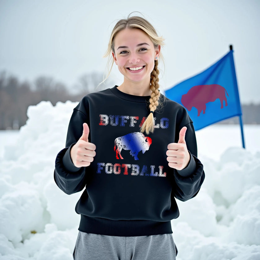 Female model wearing black Buffalo football sweatshirt with red white blue gradient buffalo silhouette and lettering, cozy game day fan outfit.