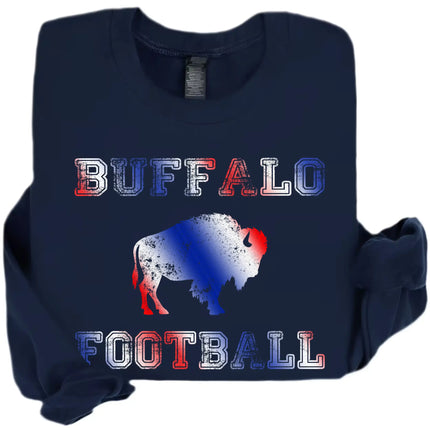 Buffalo football crewneck in navy, large buffalo silhouette with red white blue gradient lettering, bold team color fan sweatshirt.