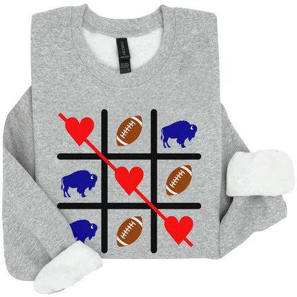 Buffalo football Valentine sweatshirt in gray with tic tac toe design, hearts, and football graphics