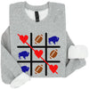 Buffalo football Valentine sweatshirt in gray with tic tac toe design, hearts, and football graphics