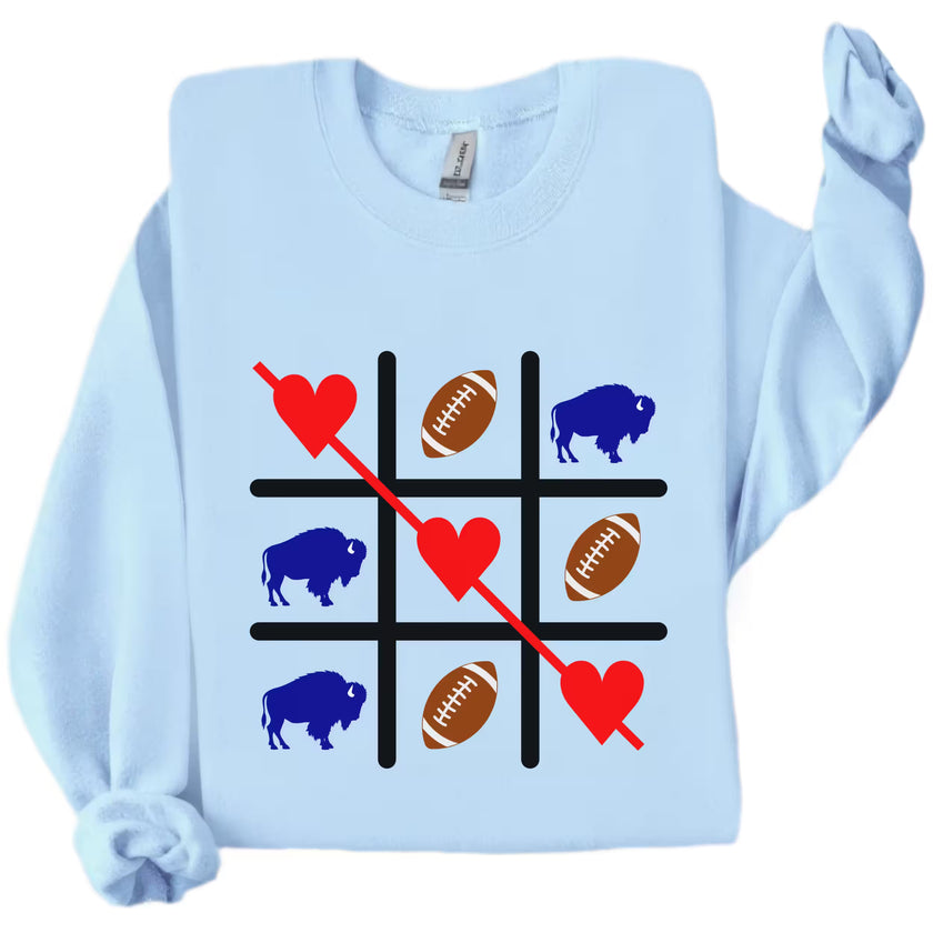 Light blue Buffalo football Valentine sweatshirt displayed flat with heart and football game graphic