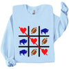 Light blue Buffalo football Valentine sweatshirt displayed flat with heart and football game graphic