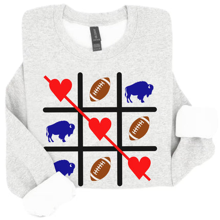 Light gray Buffalo Valentine sweatshirt flat lay showing football tic tac toe love design