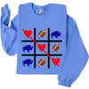 Blue Buffalo football sweatshirt laid flat on white background with Valentine heart details