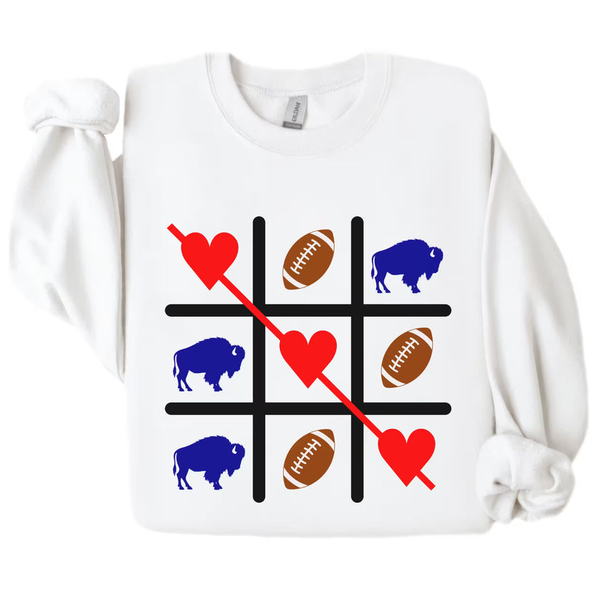 White Buffalo love sweatshirt laid flat featuring football tic tac toe design and Valentine theme