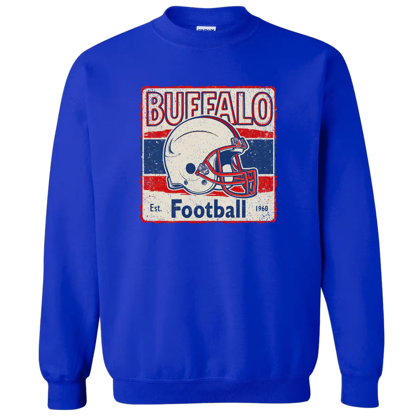 Retro Buffalo Football sweatshirt flat lay, classic 1960s helmet design, vintage team fan apparel