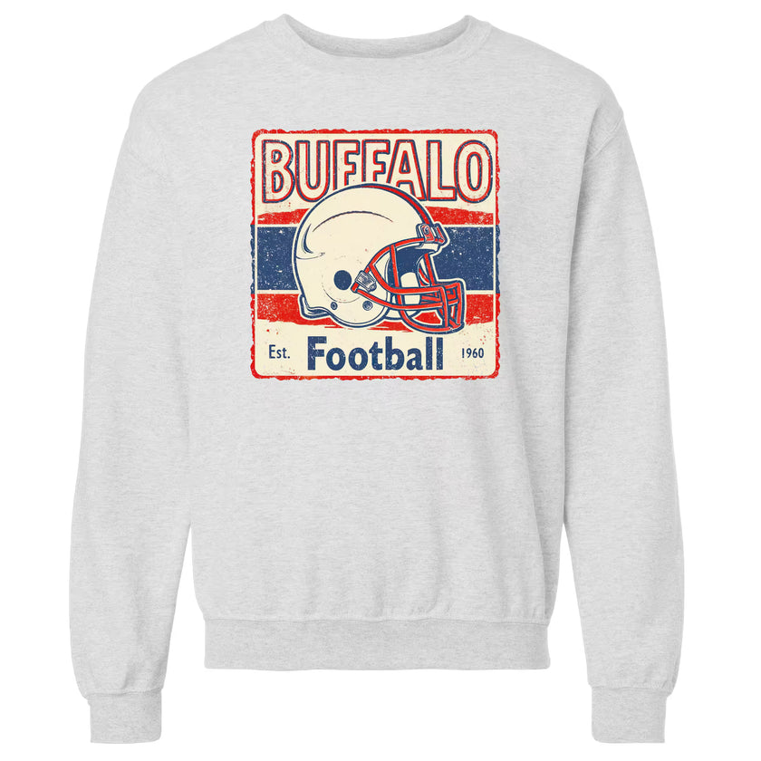 Vintage-style Buffalo Football sweatshirt flat lay, retro 1960s helmet graphic, fan gear